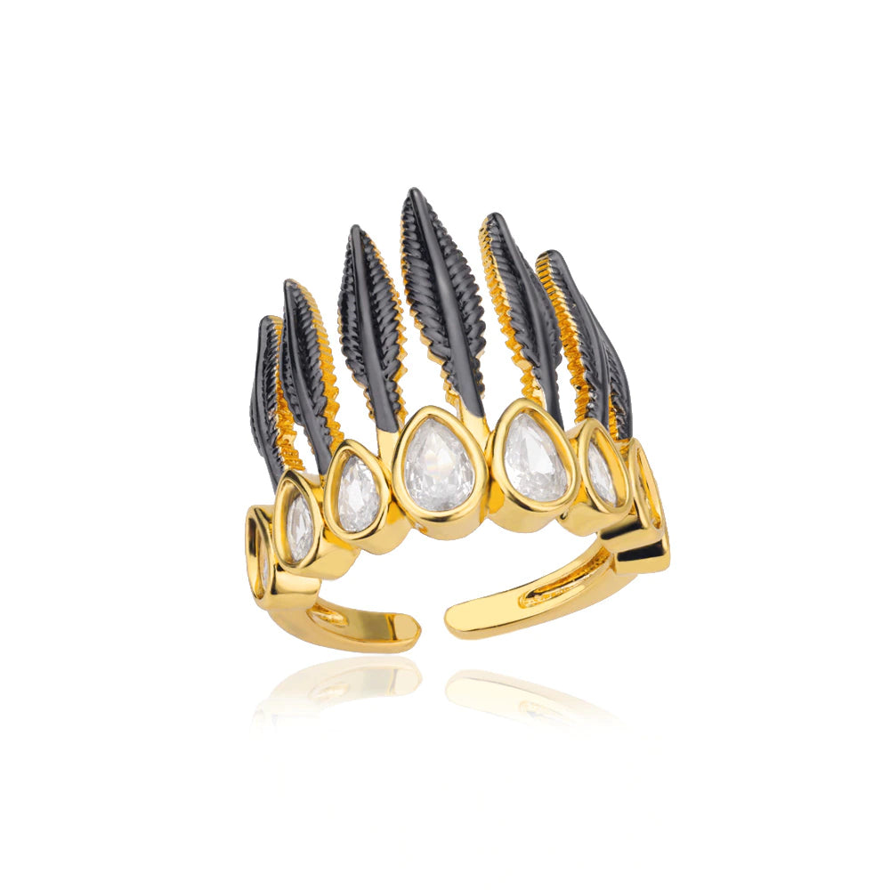 Black Feather Crown Ring / Stainless Steel - Nina Kane Jewellery