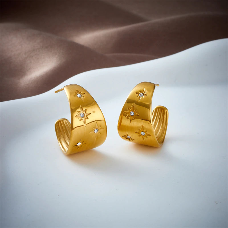 Inez Crystal Studded Gold Hoop Earrings / Stainless Steel - Nina Kane Jewellery