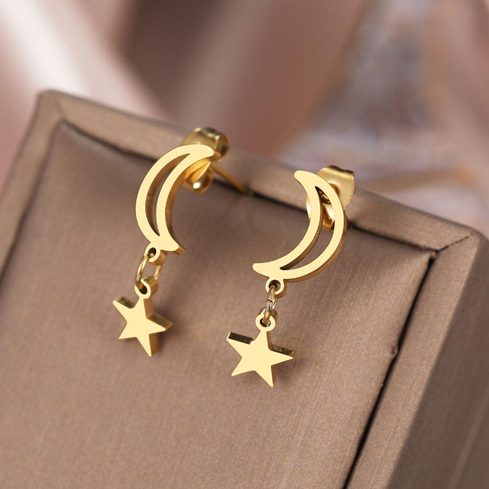 Liana Moon & Star Drop Earrings / Stainless Steel - Nina Kane Jewellery