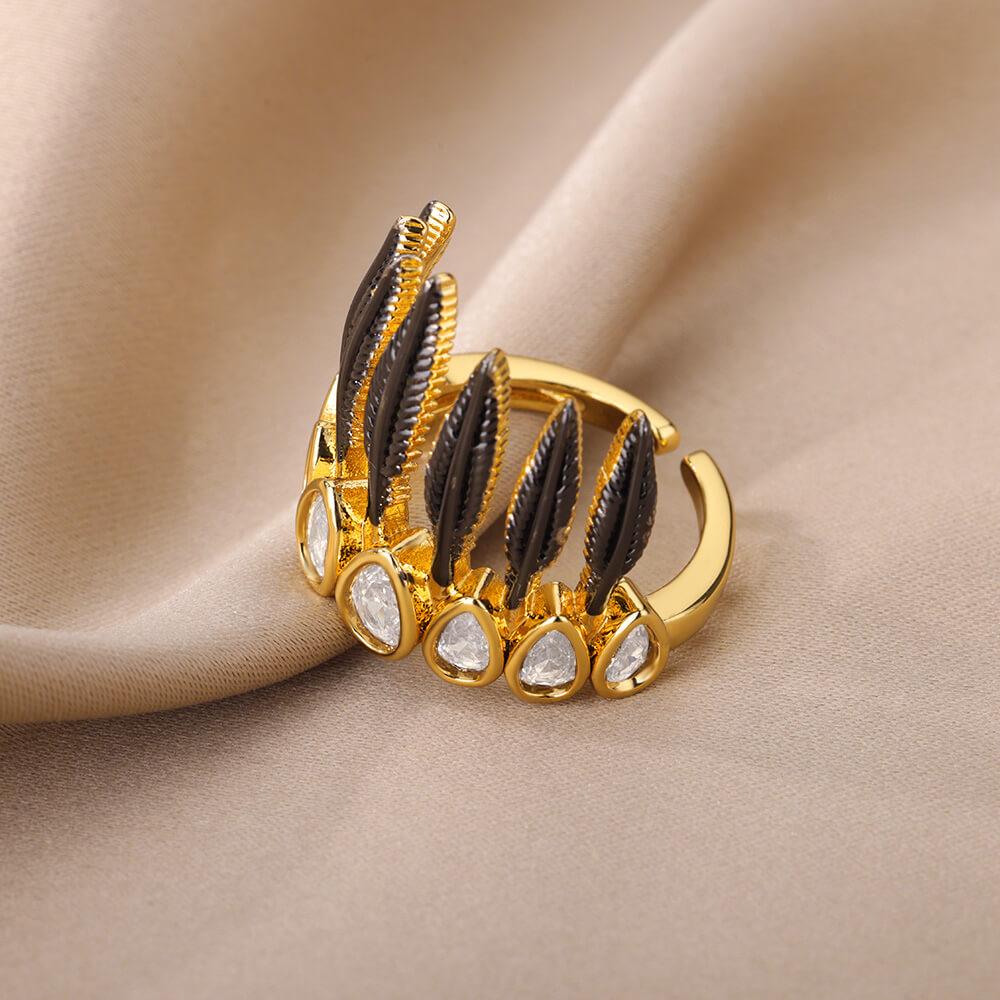 Black Feather Crown Ring / Stainless Steel - Nina Kane Jewellery