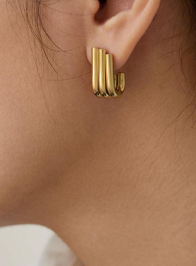 Rania Geometric Triple U Stud Earrings / 18K Gold Plated - Nina Kane Jewellery