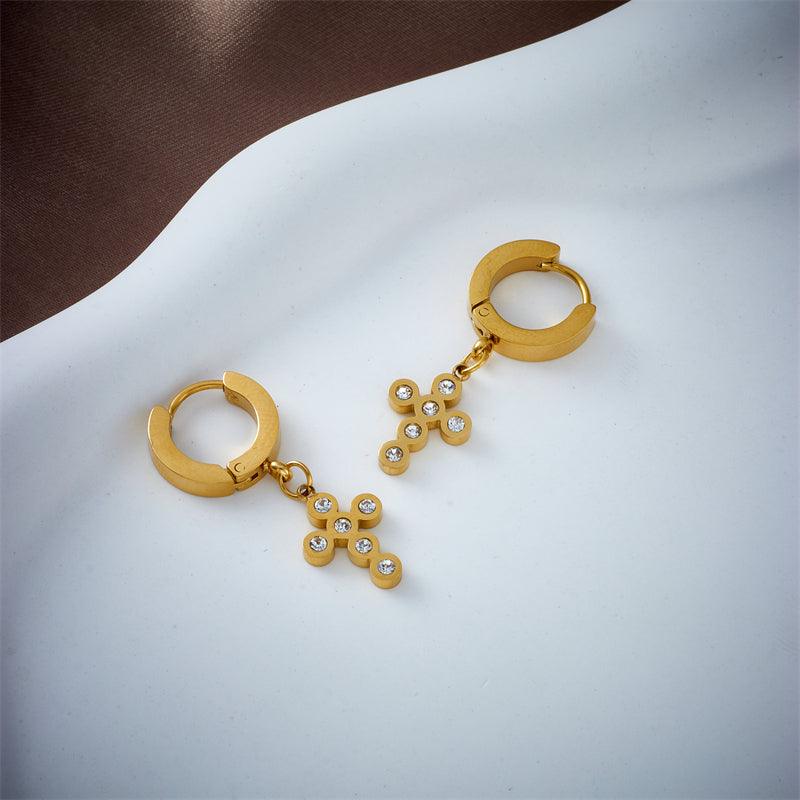 Elsa Diamond Cross Huggie Earrings / Stainless Steel - Nina Kane Jewellery