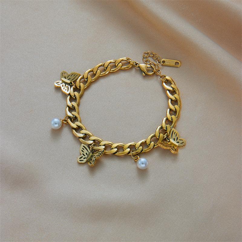 Circe Butterfly & Pearl Charm Bracelet / 18K Gold Plated - Nina Kane Jewellery