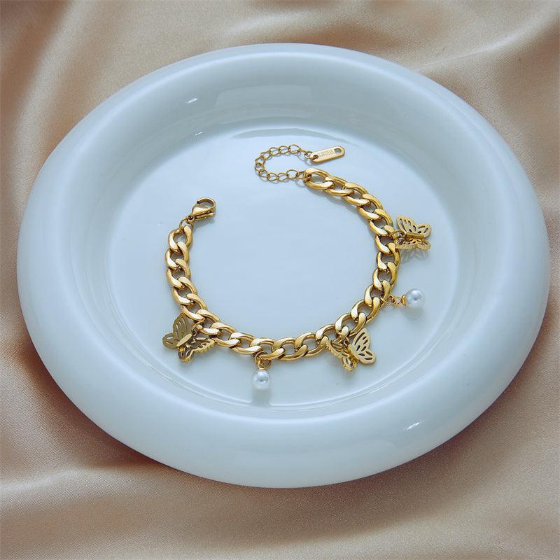 Circe Butterfly & Pearl Charm Bracelet / 18K Gold Plated - Nina Kane Jewellery