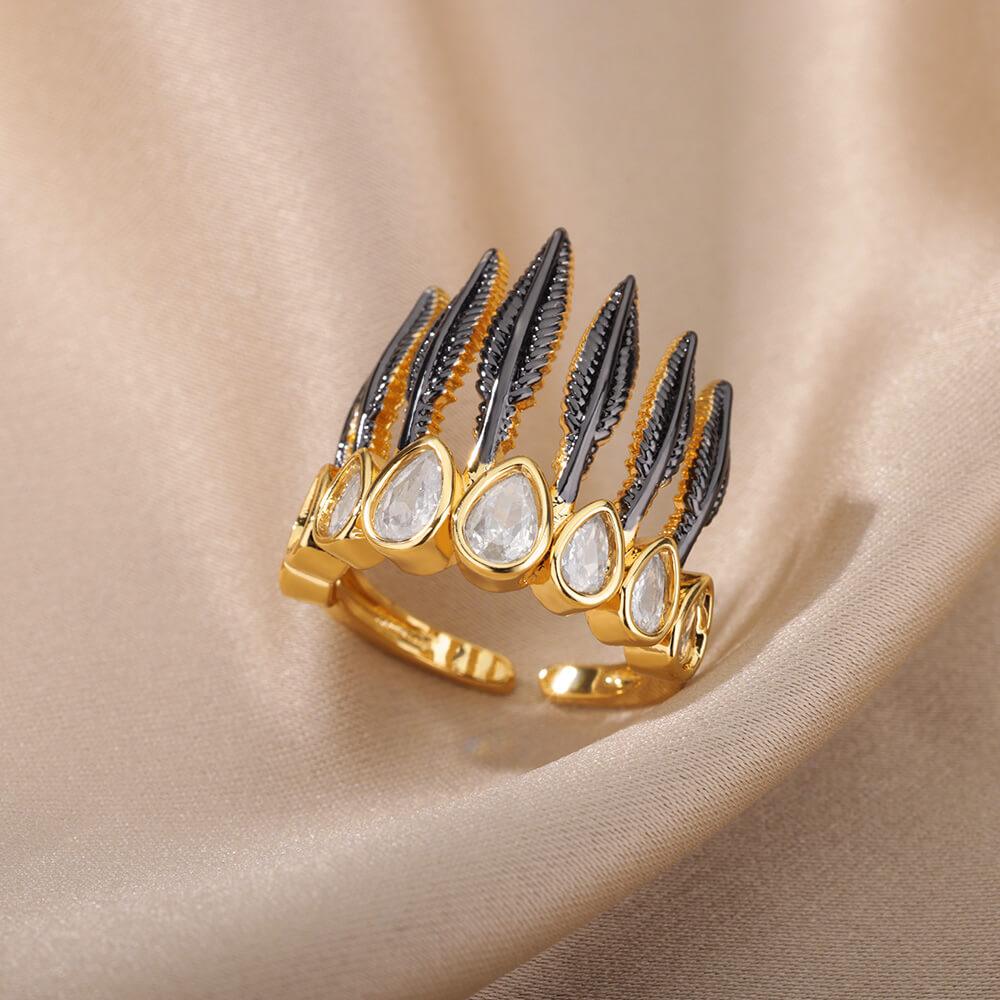 Black Feather Crown Ring / Stainless Steel - Nina Kane Jewellery