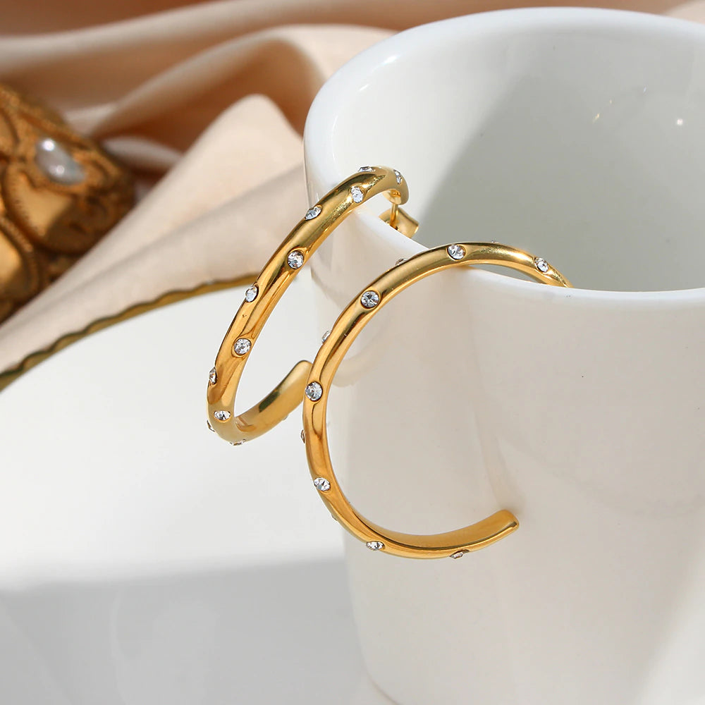 Jesse Diamond Studded Gold Hoops / Stainless Steel - Nina Kane Jewellery