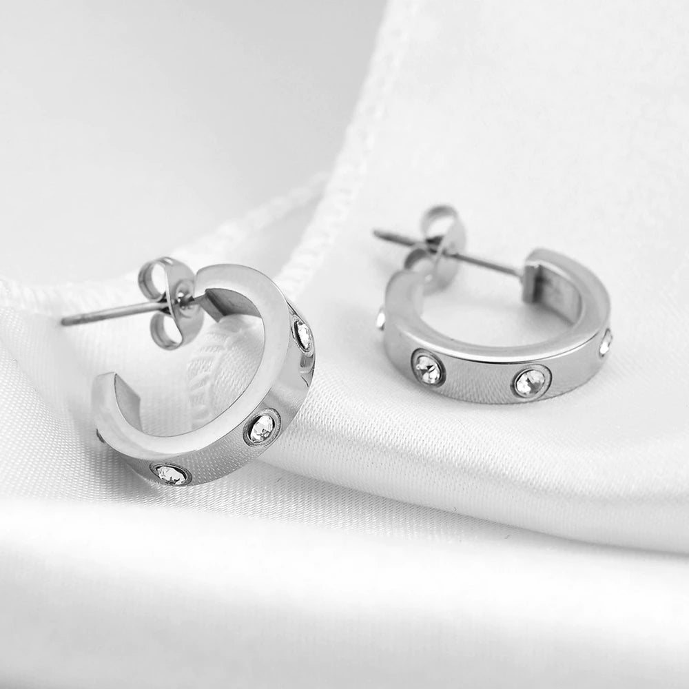 Kiana Silver Crystal Stud Hoops / Stainless Steel - Nina Kane Jewellery