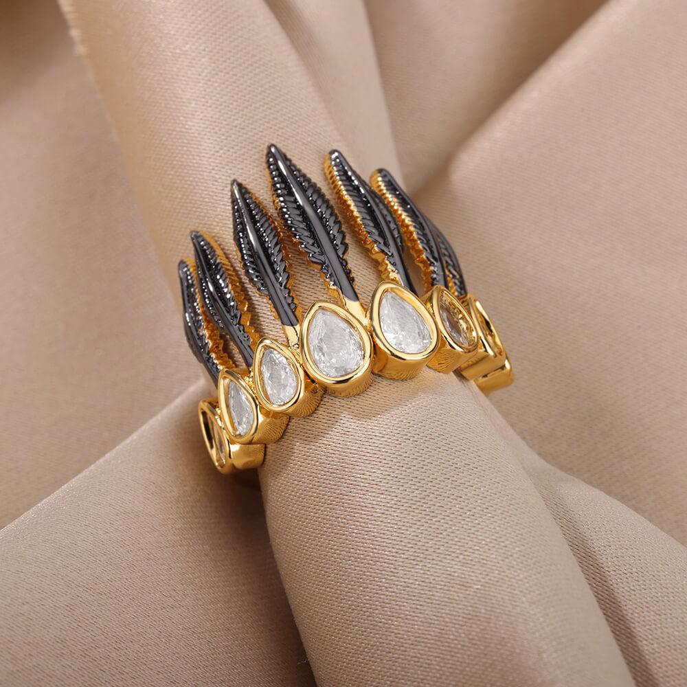 Black Feather Crown Ring / Stainless Steel - Nina Kane Jewellery