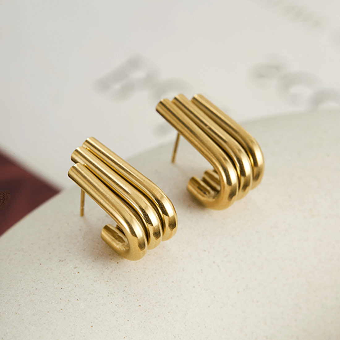 Rania Geometric Triple U Stud Earrings / 18K Gold Plated - Nina Kane Jewellery