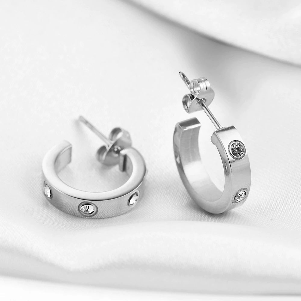 Kiana Silver Crystal Stud Hoops / Stainless Steel - Nina Kane Jewellery