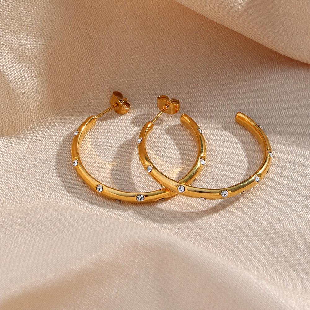 Jesse Diamond Studded Gold Hoops / Stainless Steel - Nina Kane Jewellery