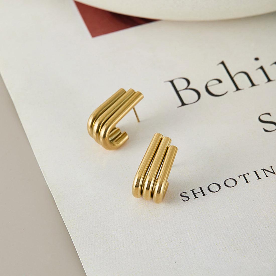 Rania Geometric Triple U Stud Earrings / 18K Gold Plated - Nina Kane Jewellery