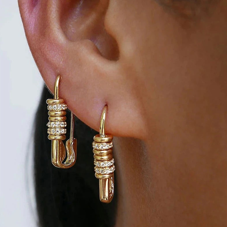 Gold Cassandra Safety Pin Earrings / Gold Plated Brass - Nina Kane Jewellery