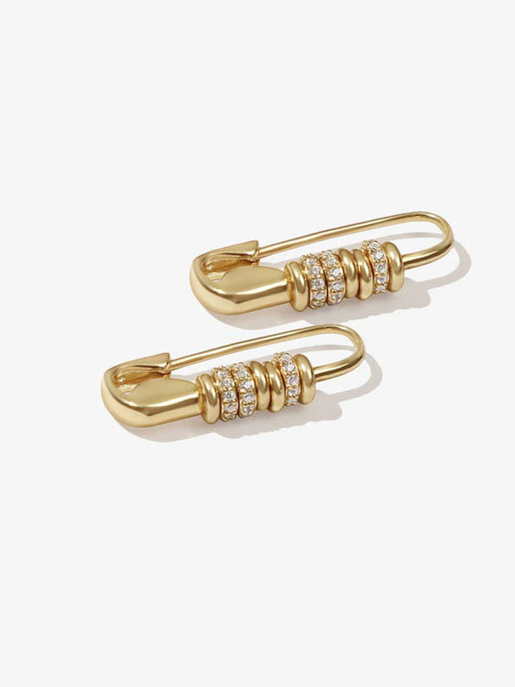 Gold Cassandra Safety Pin Earrings / Gold Plated Brass - Nina Kane Jewellery