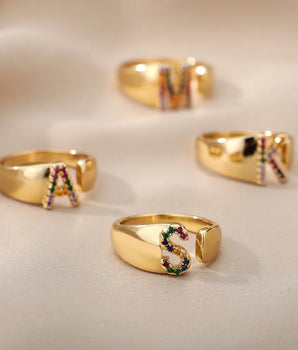 Rainbow Letter Innitial Rings / 18K Gold Plated - Nina Kane Jewellery