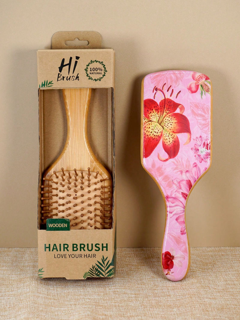 Lily Flower Bamboo Paddle Hair Brush