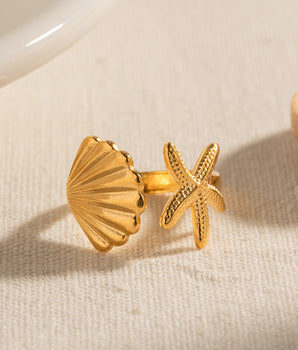 Seaside Starfish & Shell Ring / 18K Gold Plated
