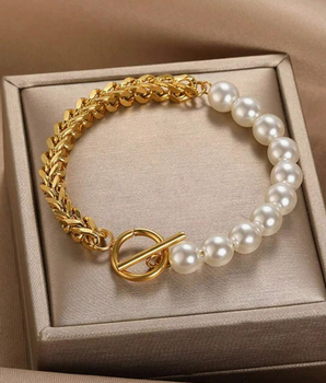 Sadie Pearl & Chain Bracelets / Stainless Steel - Nina Kane Jewellery