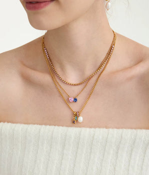 Pearl & Gemstone Charm Necklace / 18K Gold Plated