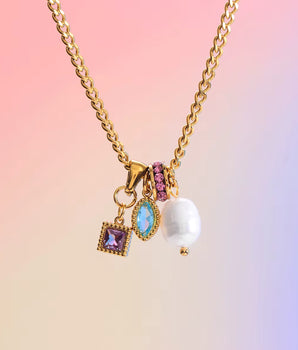 Pearl & Gemstone Charm Necklace / 18K Gold Plated