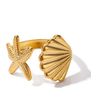 Seaside Starfish & Shell Ring / 18K Gold Plated