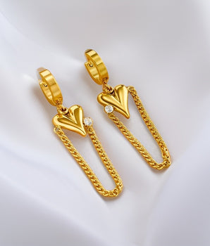 Chained Heart Huggie Earrings / 18K Gold Plated - Nina Kane Jewellery