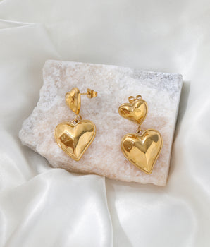 Double Heart Statement Earrings / 18K Gold Plated