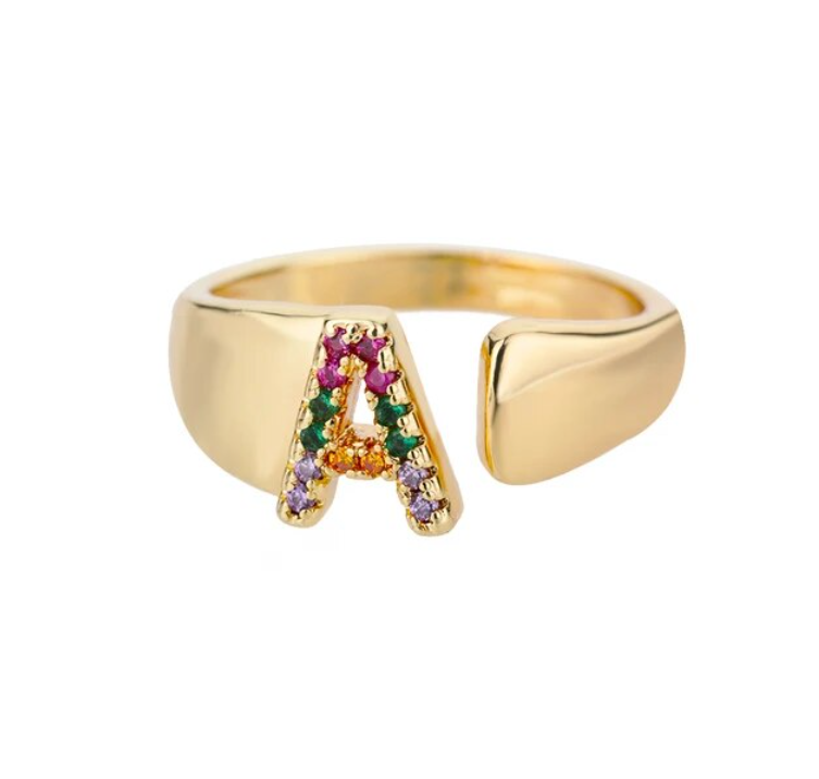 Rainbow Letter Innitial Rings / 18K Gold Plated - Nina Kane Jewellery