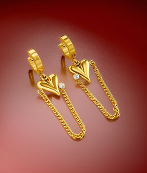 Chained Heart Huggie Earrings / 18K Gold Plated - Nina Kane Jewellery
