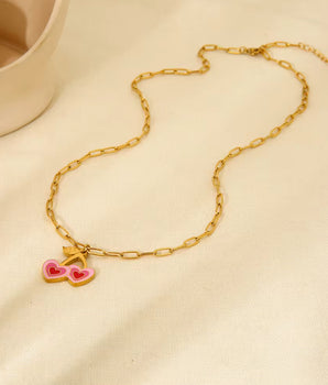 Pink Sweet Cherry Heart Necklace / 18K Gold Plated - Nina Kane Jewellery