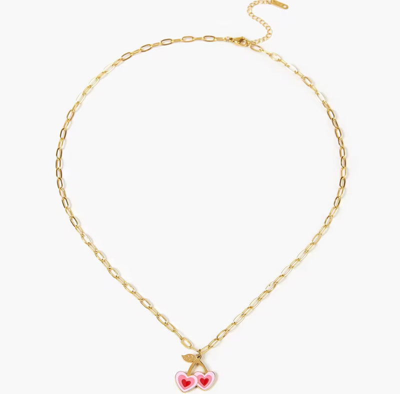 Pink Sweet Cherry Heart Necklace / 18K Gold Plated