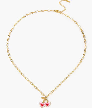 Pink Sweet Cherry Heart Necklace / 18K Gold Plated - Nina Kane Jewellery