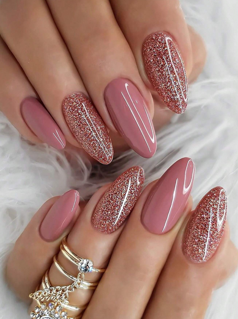 Nude Pink & Glitter Almond Press On Nails / 24 Pack