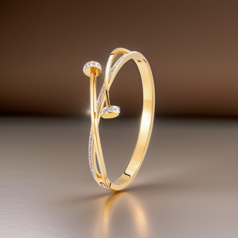 Gold Crystal Double Nail Bangle / Stainless Steel