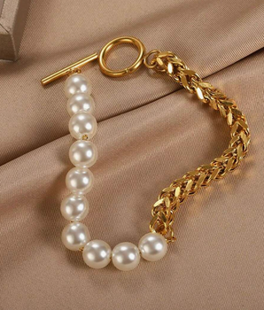 Sadie Pearl & Chain Bracelets / Stainless Steel - Nina Kane Jewellery