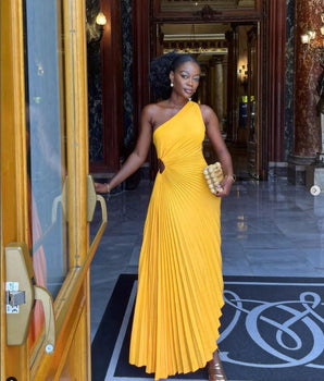 The "Golden Goddess" One-Shoulder Dress - Nina Kane Jewellery