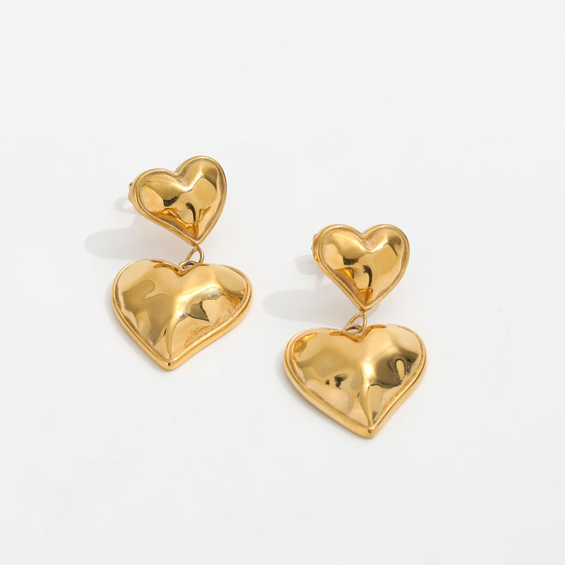 Double Heart Statement Earrings / 18K Gold Plated