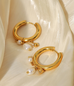 Verde Pearl Gold Hoops / 18K Gold Plated - Nina Kane Jewellery