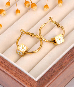 Daisy Cube Hoop Earrings / 18K Gold Plated - Nina Kane Jewellery