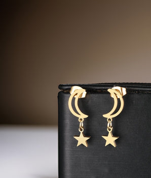 Liana Moon & Star Drop Earrings / Stainless Steel - Nina Kane Jewellery