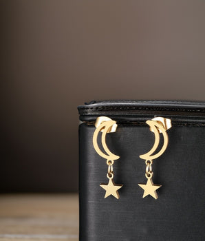 Liana Moon & Star Drop Earrings / Stainless Steel - Nina Kane Jewellery