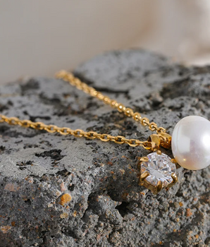 Leandra Pearl and Diamond Necklace / 18K Gold Plated - Nina Kane Jewellery