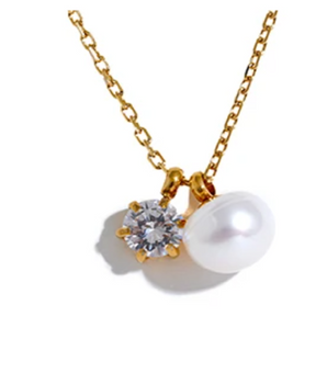 Leandra Pearl and Diamond Necklace / 18K Gold Plated - Nina Kane Jewellery