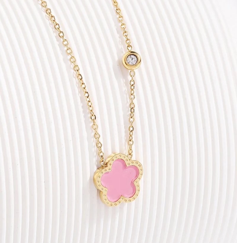 Roweena Pink Clover Necklace / Stainless Steel