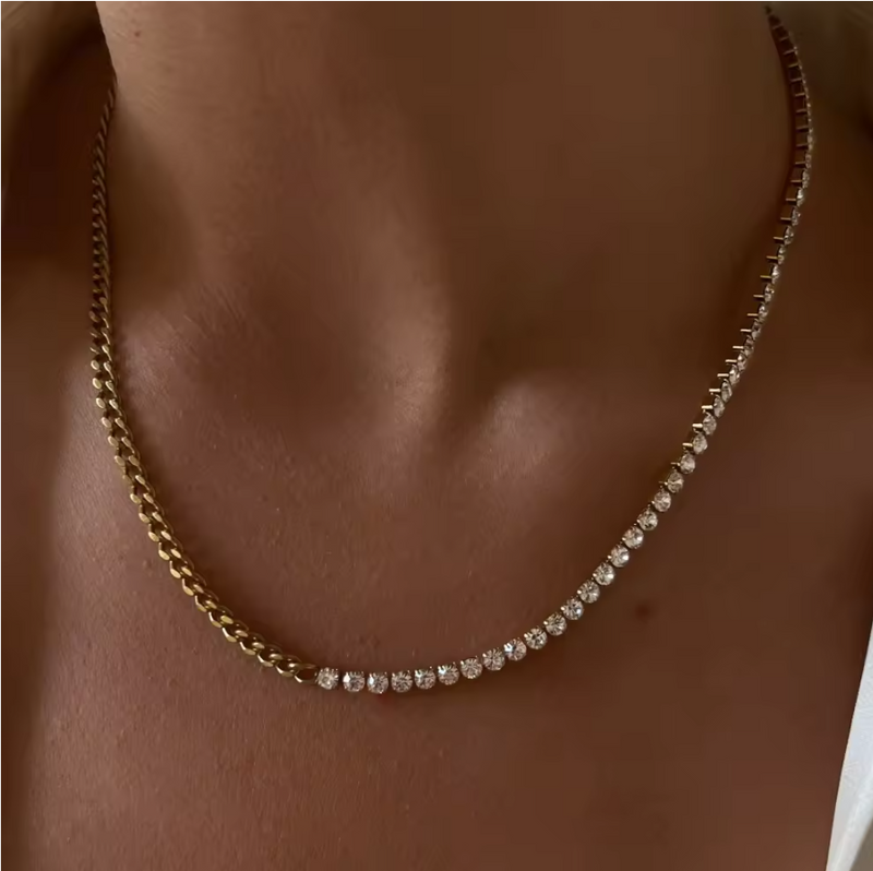 Xena Spliced Cuban & Zircon Neckace / 18K Gold Plated