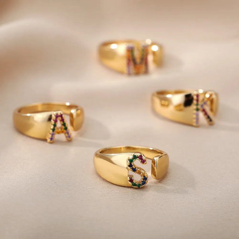Rainbow Letter Innitial Rings / 18K Gold Plated