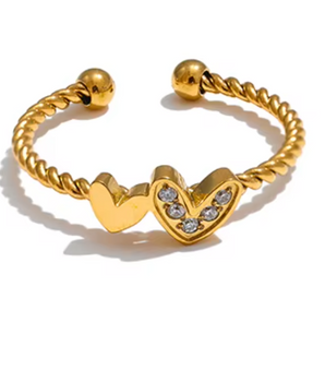 Kylie Two Heart Adjustable Ring / 18k Gold Plated - Nina Kane Jewellery