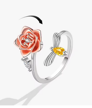 Red Rose & Bee Spinning Ring / 925 Sterling Silver - Nina Kane Jewellery