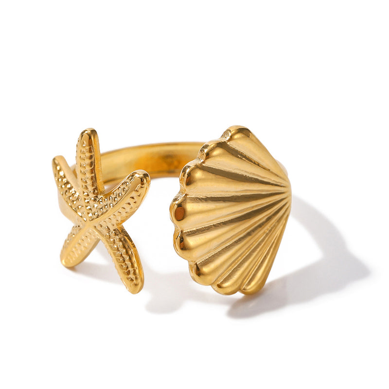 Seaside Starfish & Shell Ring / 18K Gold Plated