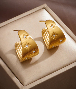 Inez Crystal Studded Gold Hoop Earrings / Stainless Steel - Nina Kane Jewellery